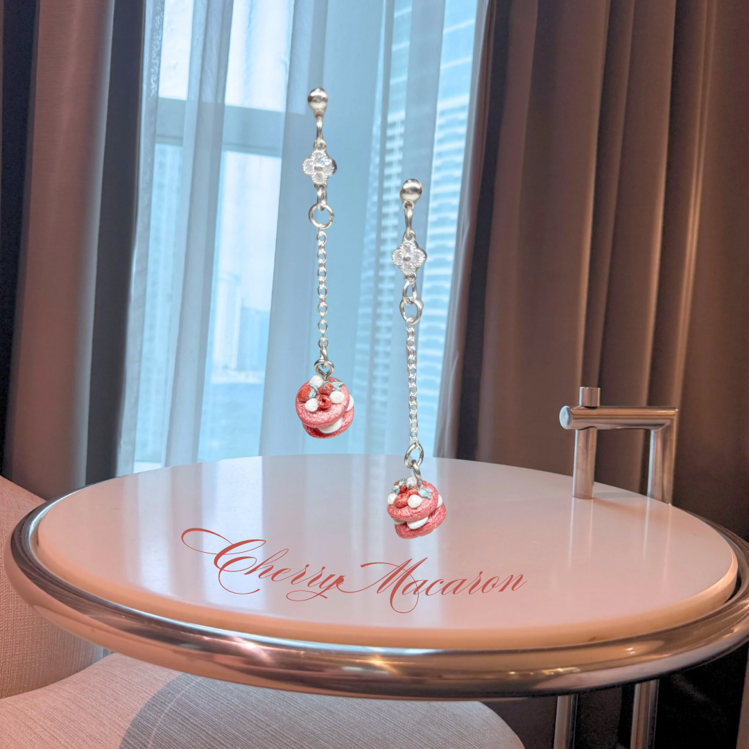 Cherry Macaron Drop Earrings (Silver)