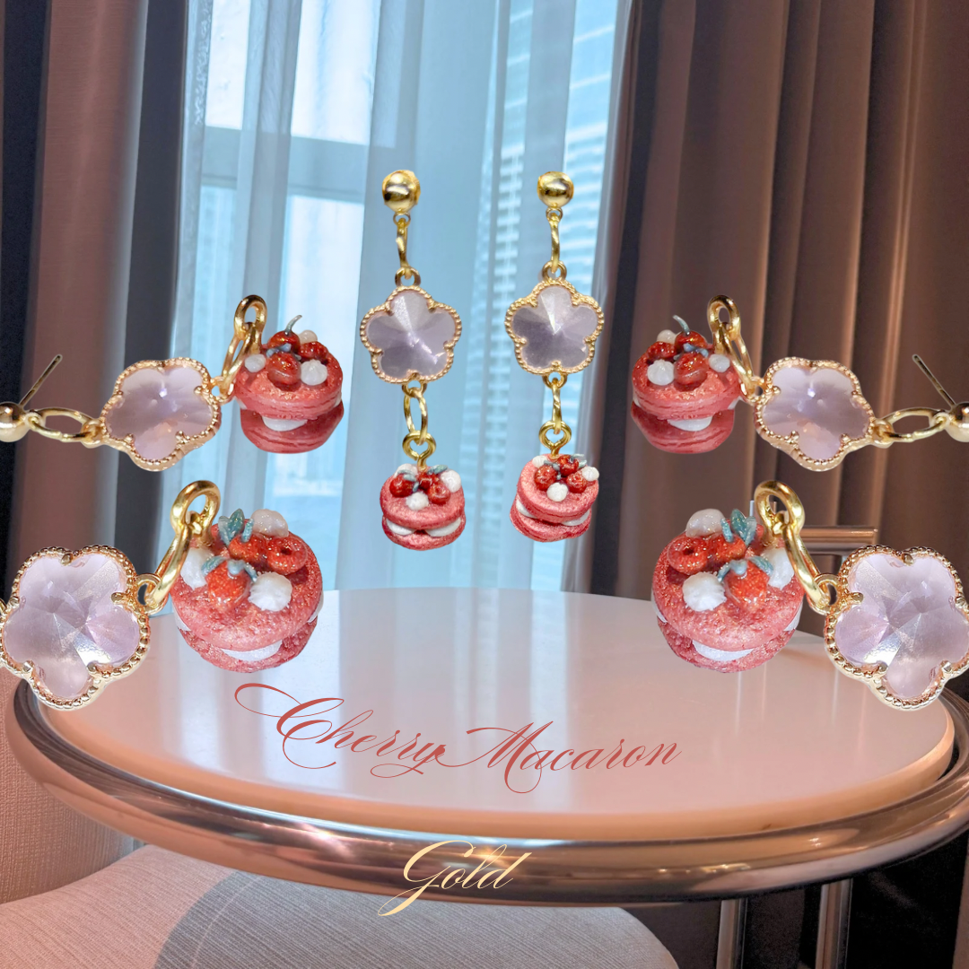 Cherry Macaron Drop Earrings (Gold)