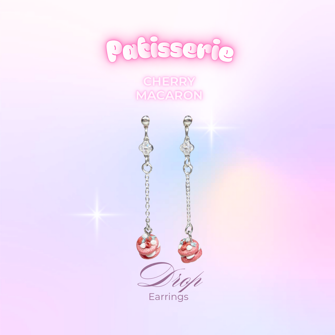 Cherry Macaron Drop Earrings (Silver)