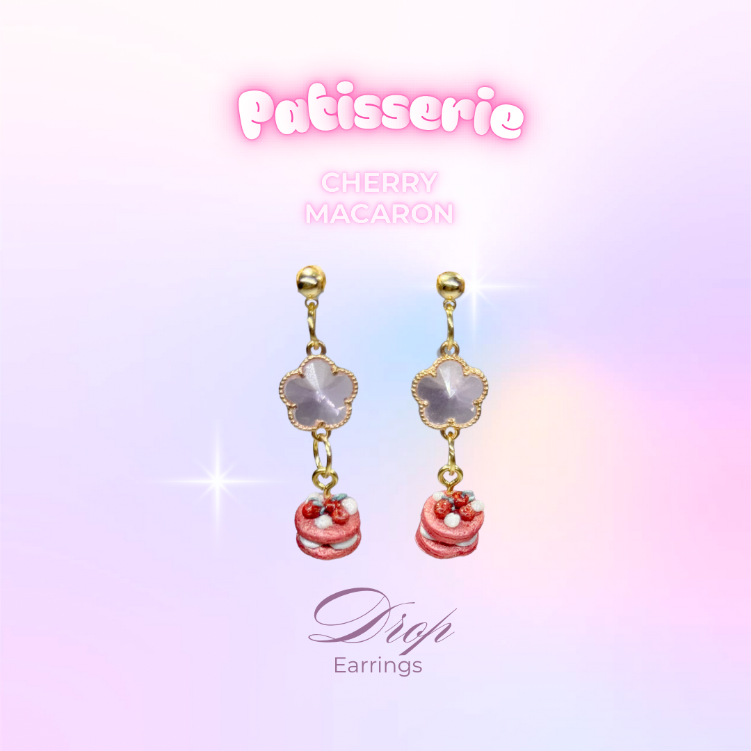 Cherry Macaron Drop Earrings (Gold)