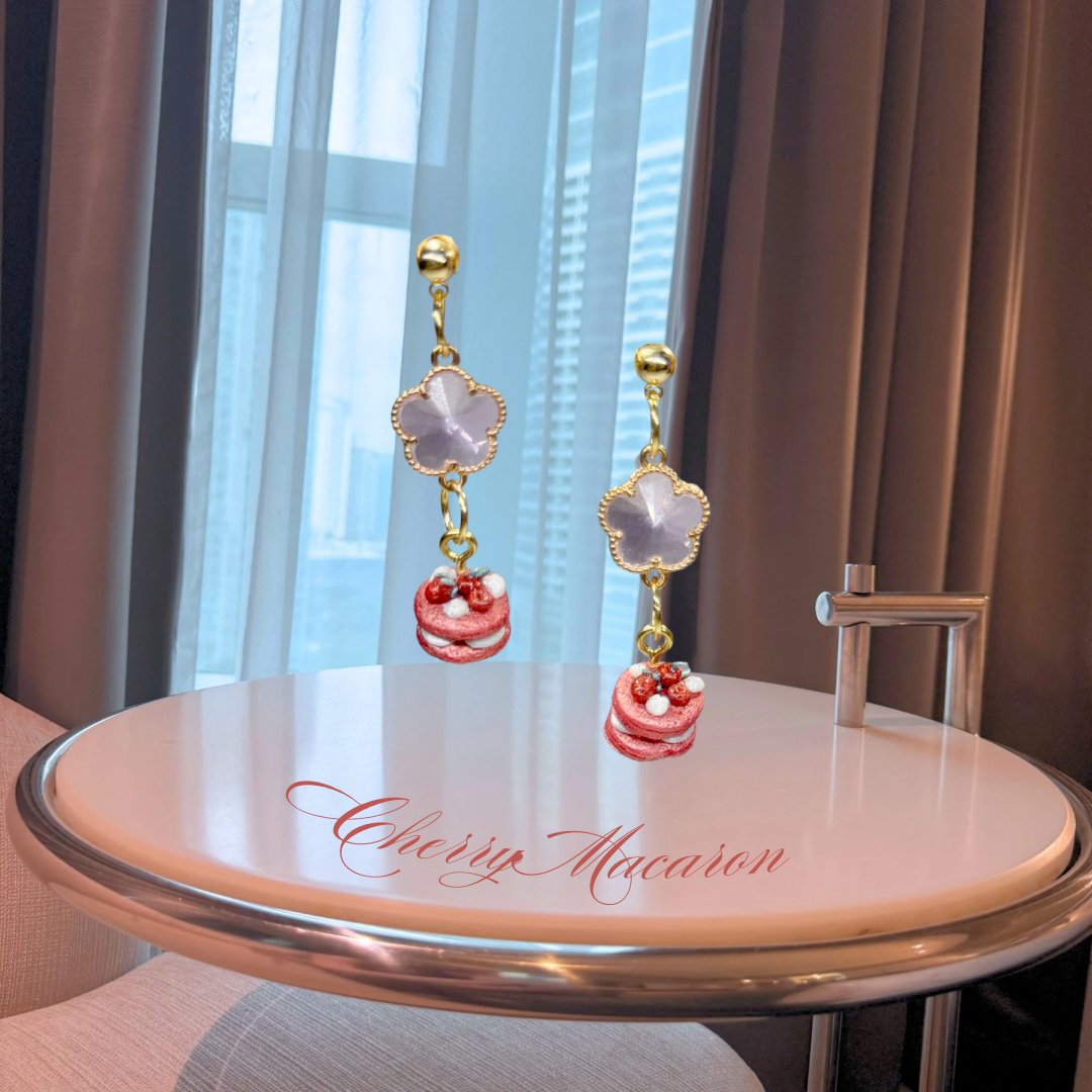 Cherry Macaron Drop Earrings (Gold)