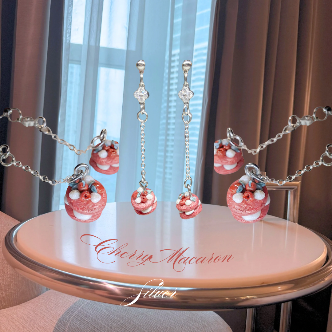 Cherry Macaron Drop Earrings (Silver)