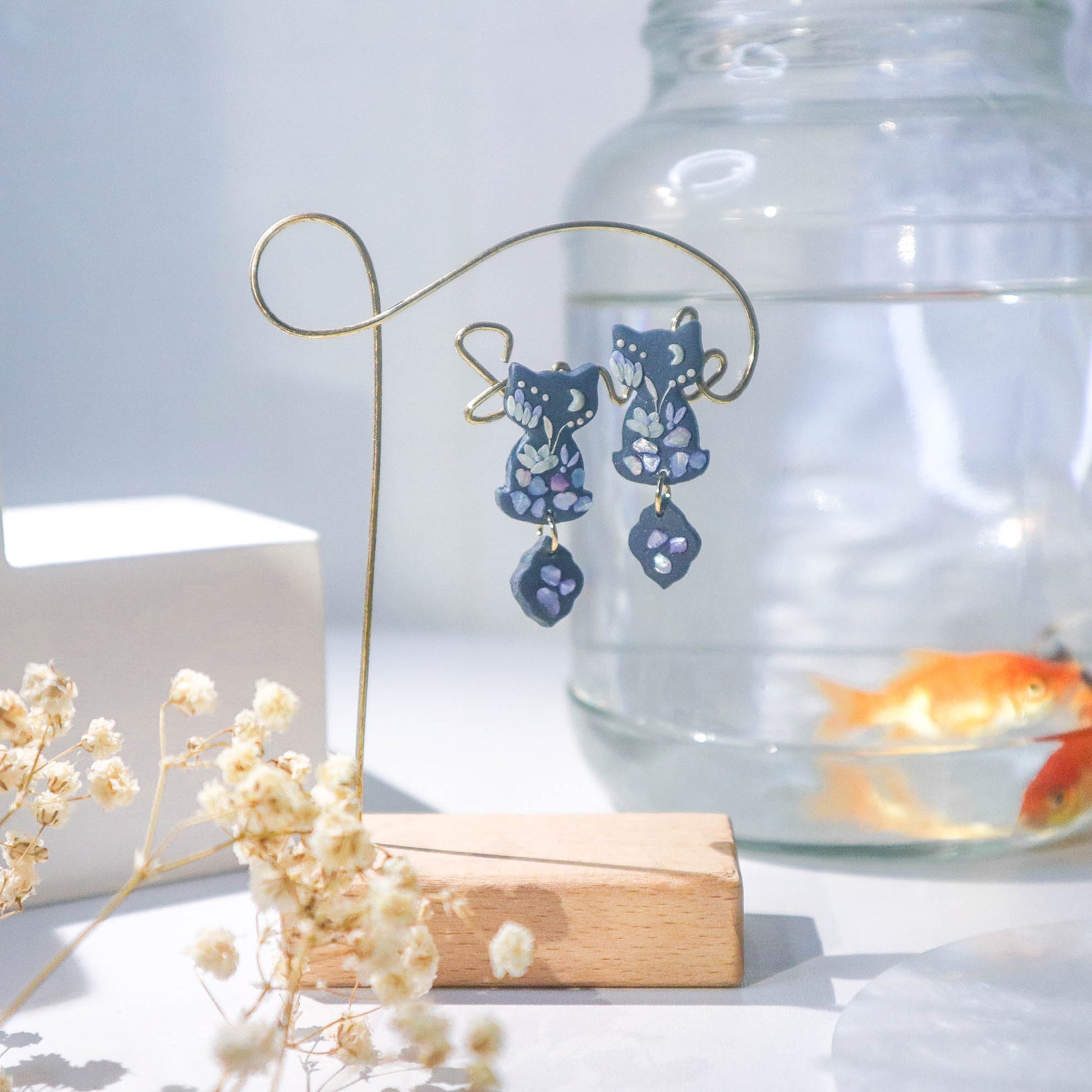 Midnight Crystal Bloom Cat Earrings - Charlotte's Outré