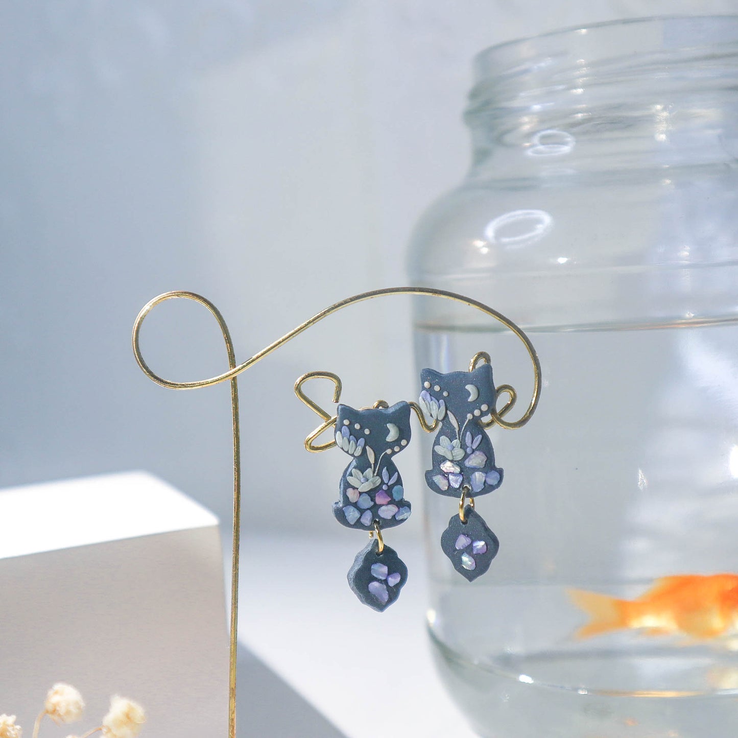 Midnight Crystal Bloom Cat Earrings - Charlotte's Outré