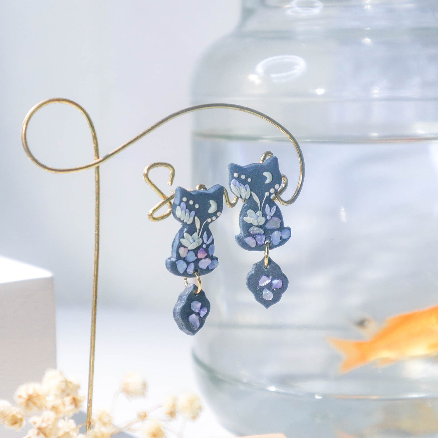 Midnight Crystal Bloom Cat Earrings - Charlotte's Outré